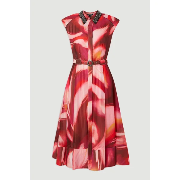 Robe Chemisier en Organdi Marbré avec Ceinture Ornée de Cristaux