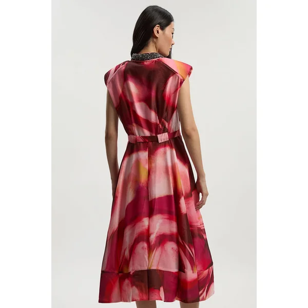 Robe Chemisier en Organdi Marbré avec Ceinture Ornée de Cristaux