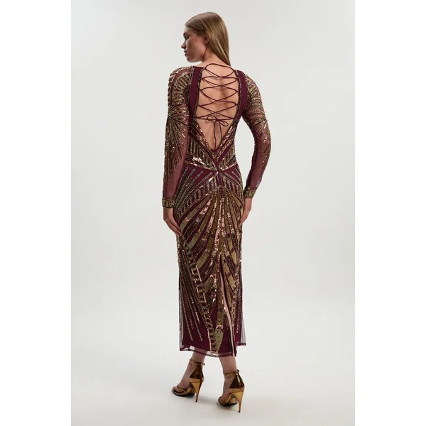 Robe Colonne Petite Premium à Manches Longues Ornée de Cristaux Miroir Tissée