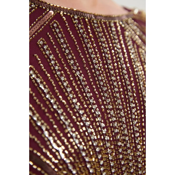 Robe Colonne Petite Premium à Manches Longues Ornée de Cristaux Miroir Tissée