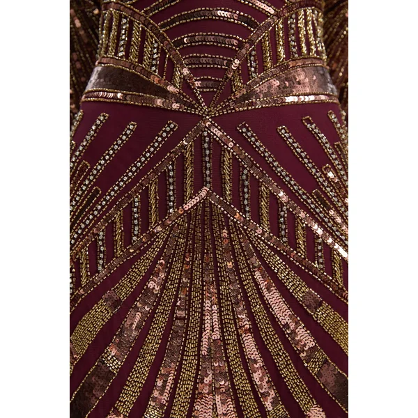 Robe Colonne Petite Premium à Manches Longues Ornée de Cristaux Miroir Tissée
