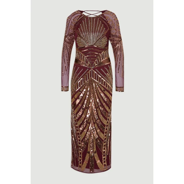 Robe Colonne Petite Premium à Manches Longues Ornée de Cristaux Miroir Tissée