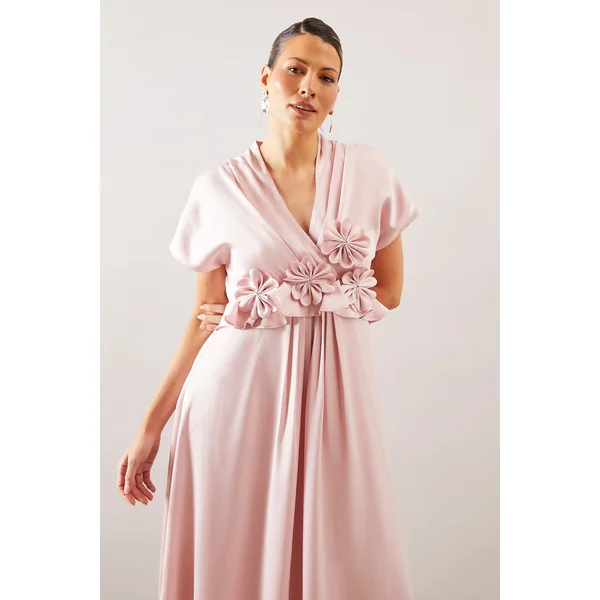 Robe Corsage à Fleurs en Satin Froissé