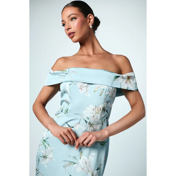 Robe de Demoiselle d'Honneur Bardot Imprimée en Satin