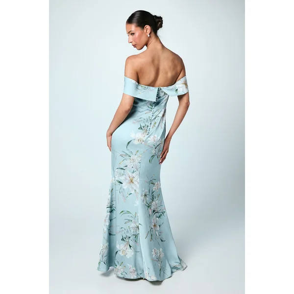 Robe de Demoiselle d'Honneur Bardot Imprimée en Satin