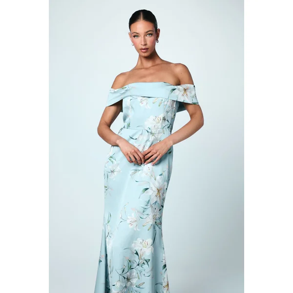 Robe de Demoiselle d'Honneur Bardot Imprimée en Satin