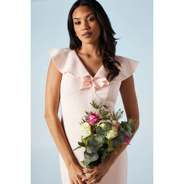 Robe de Demoiselle d'Honneur en Crêpe à Col V avec Détail d'Épaule