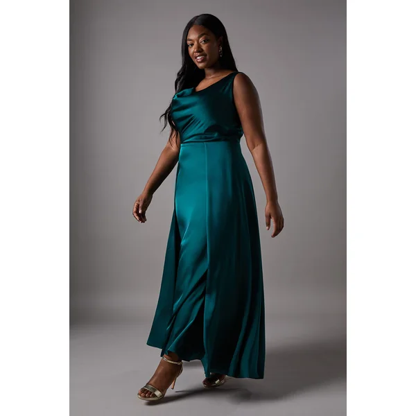 Robe de Demoiselle d'Honneur Grande Taille Col Drapé Coupe Évasée en Satin