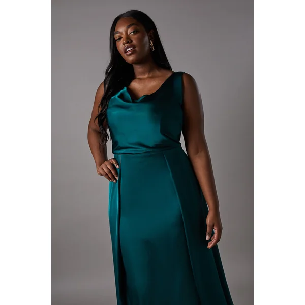 Robe de Demoiselle d'Honneur Grande Taille Col Drapé Coupe Évasée en Satin