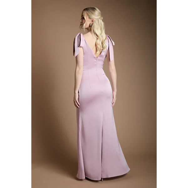 Robe de Demoiselle d'Honneur Maxi Coast Honoured en Crêpe Satiné Dos Col V Épaules Nouées