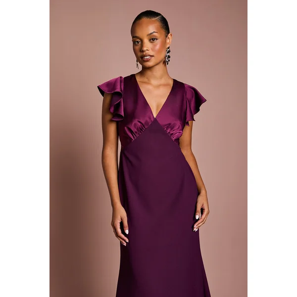 Robe de Demoiselle d'Honneur Maxi Coast Honoured Petite Col V Manches Courtes Angel en Satin