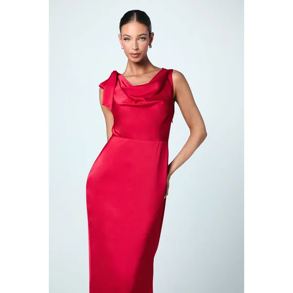 Robe de Demoiselle d'Honneur Maxi Colonne en Satin avec Détail Drapé et Liens aux Épaules