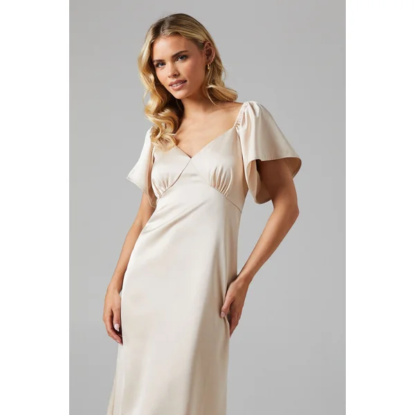 Robe de Demoiselle d'Honneur Mi-Longue en Satin à Manches Angel Petite