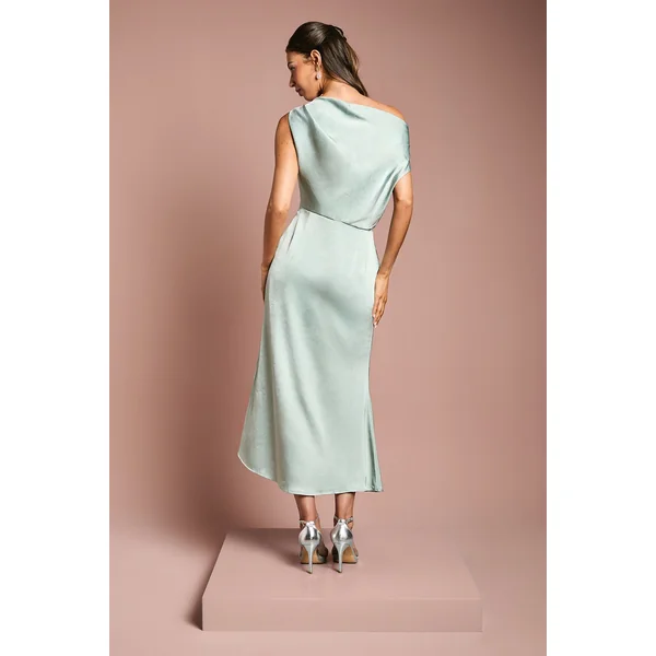 Robe de Demoiselle d'Honneur Mi-Longue en Satin à Épaule Tombante