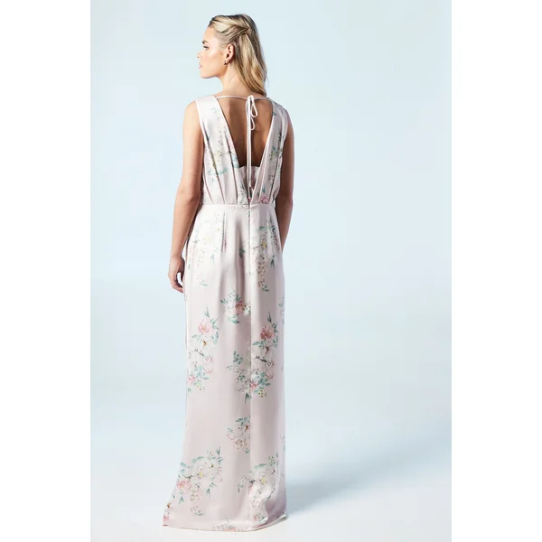 Robe de Demoiselle d'Honneur Petite en Satin Imprimé Bouquet de Printemps avec Taille Froncée