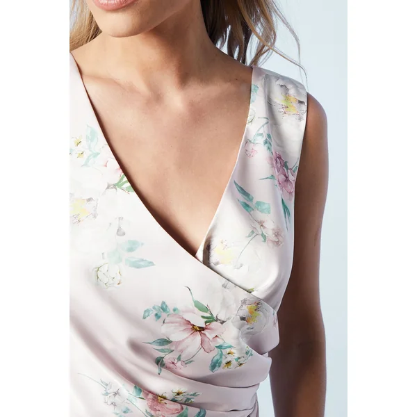 Robe de Demoiselle d'Honneur Petite en Satin Imprimé Bouquet de Printemps avec Taille Froncée