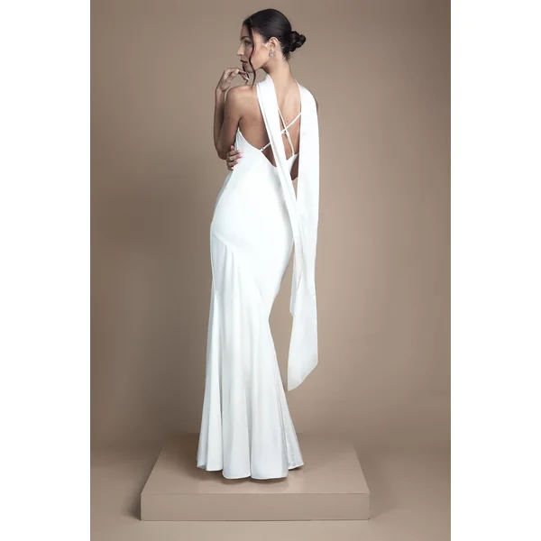 Robe de Mariée Longue à Col V avec Bretelles et Foulard