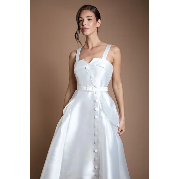 Robe De Mariée Midi Lisa Beige En Sergé Volumineuse Avec Ceinture