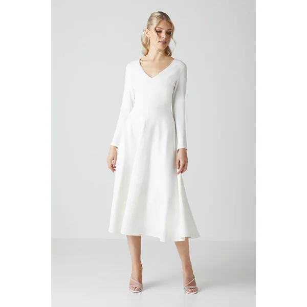 Robe de Mariée Mi-Longue Col V à Jupe Évasée