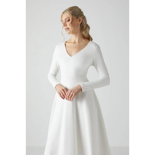 Robe de Mariée Mi-Longue Col V à Jupe Évasée