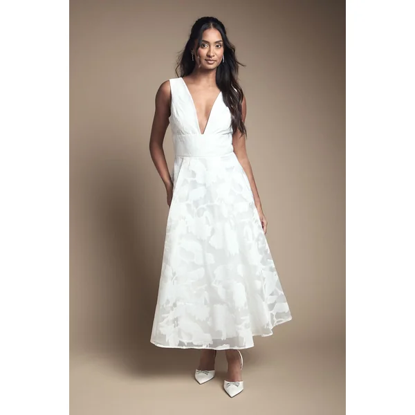 Robe de Mariée Mi-Longue Jacquard à Décolleté Plongeant