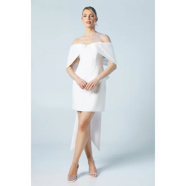 Robe de Mariée Mini en Crêpe Taffetas à Décolleté Bardot
