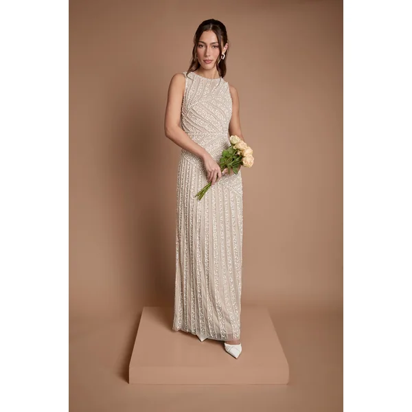 Robe De Mariée À Encolure Ras-du-cou Avec Perles Linéaires