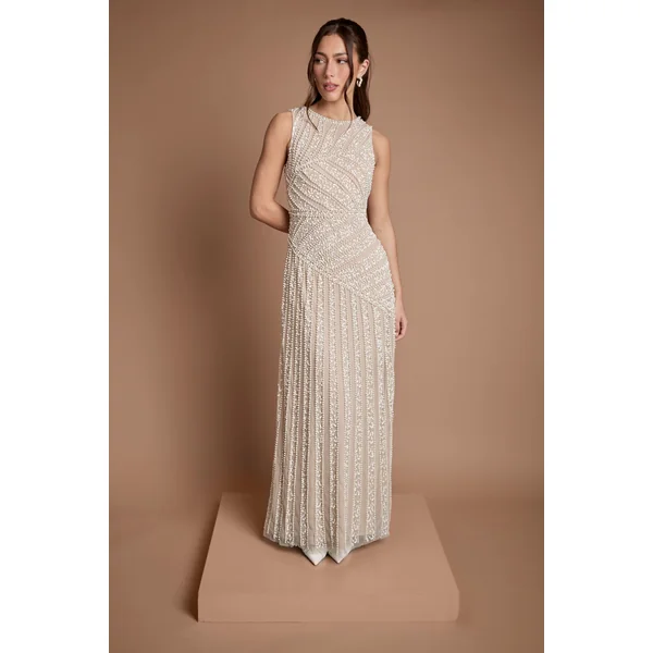 Robe De Mariée À Encolure Ras-du-cou Avec Perles Linéaires