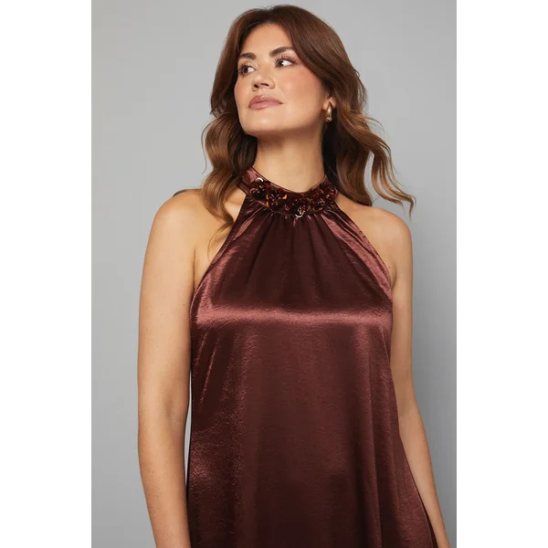Robe Dos Nu en Satin avec Ornements Floraux au Col