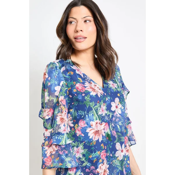 Robe Droite À Volants Et Imprimé Fleuri