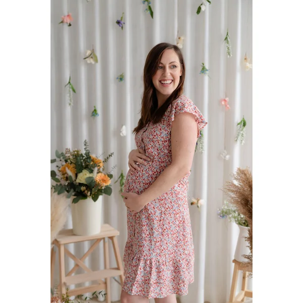 Robe fleurie - beige & rouge