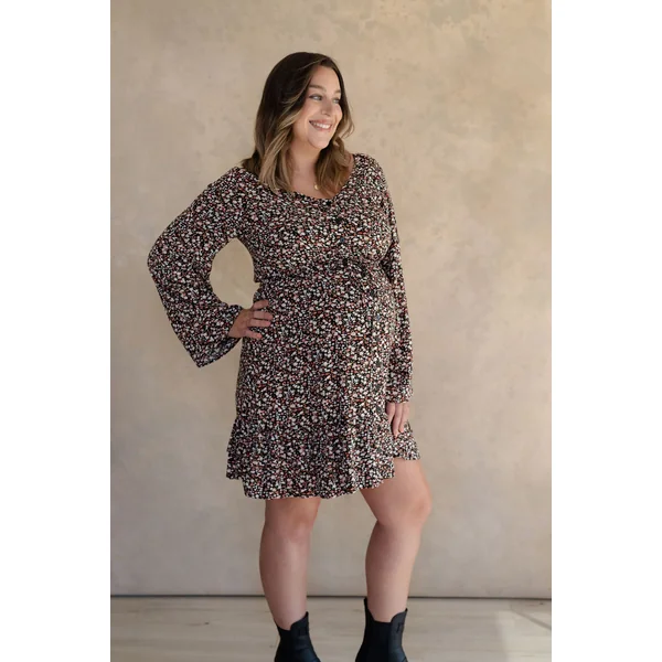 Robe fleurie à manches longues - noir
