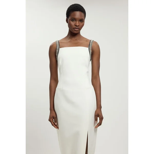 Robe Fourreau Longue En Tissu Stretch Compact Avec Détails De Strass