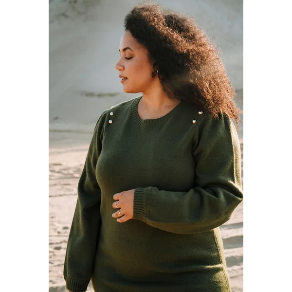 Robe LARA (avec manches bouffantes et faux boutons or) - kaki