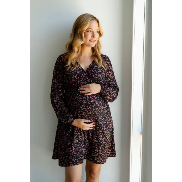 Robe LOLITA (taille élastique/manches bouffantes) - à fleurs noir & rose