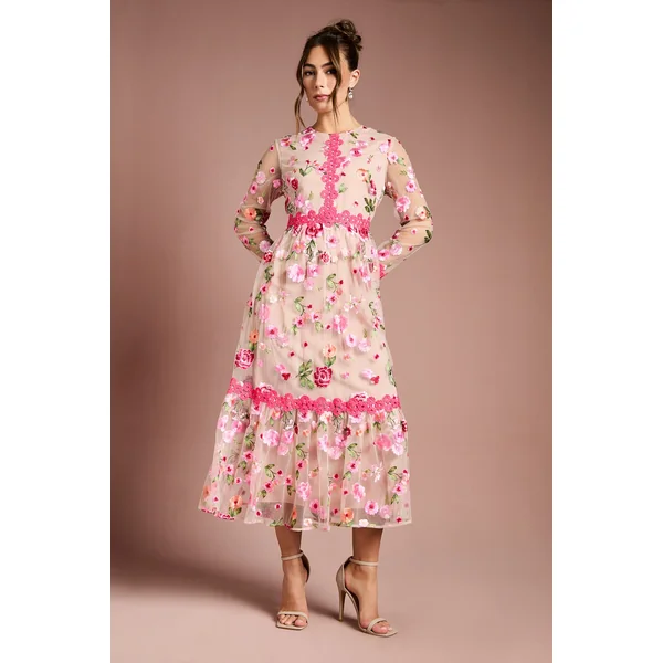 Robe Longue Brodée à Motifs Floraux