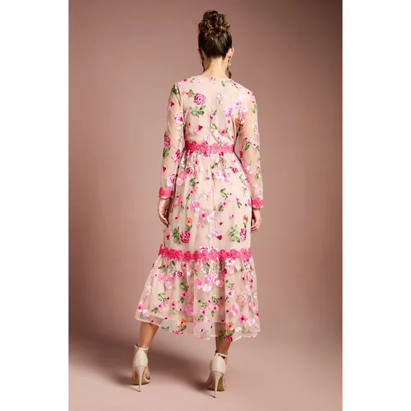 Robe Longue Brodée à Motifs Floraux