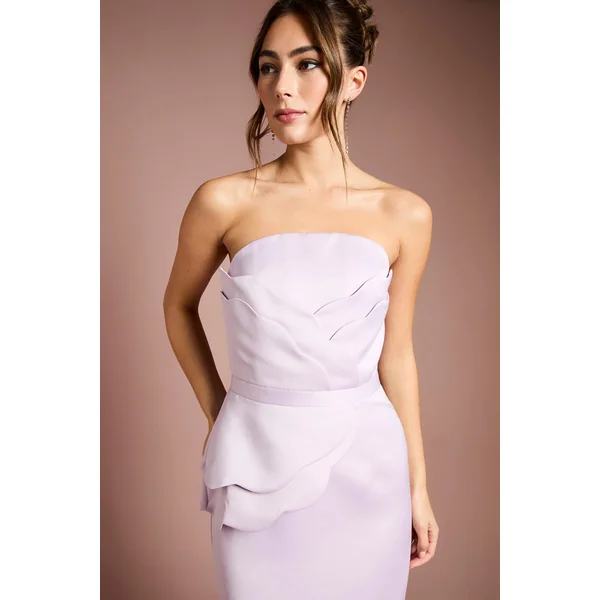 Robe Longue Bustier Structurée en Satin avec Détails Festonnés