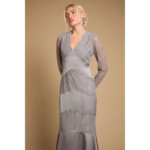 Robe Longue Col V Mélange Satin Dentelle