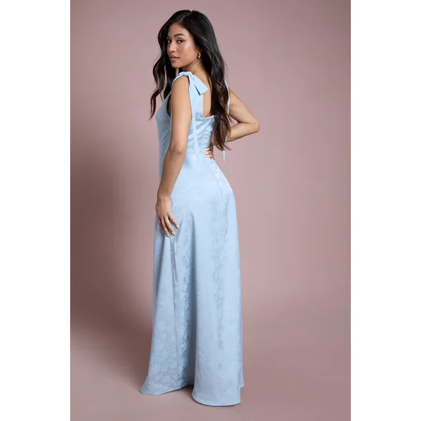 Robe Longue De Demoiselle D'honneur Petite Taille Bleu Clair Encolure Carrée Mousseline Épaules À Nouer Jacquard Satiné