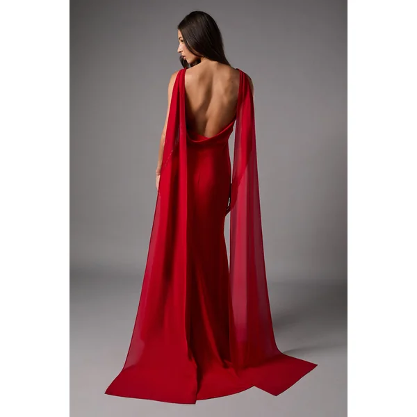 Robe Longue en Crêpe avec Détail Mousseline et Dos Drapé