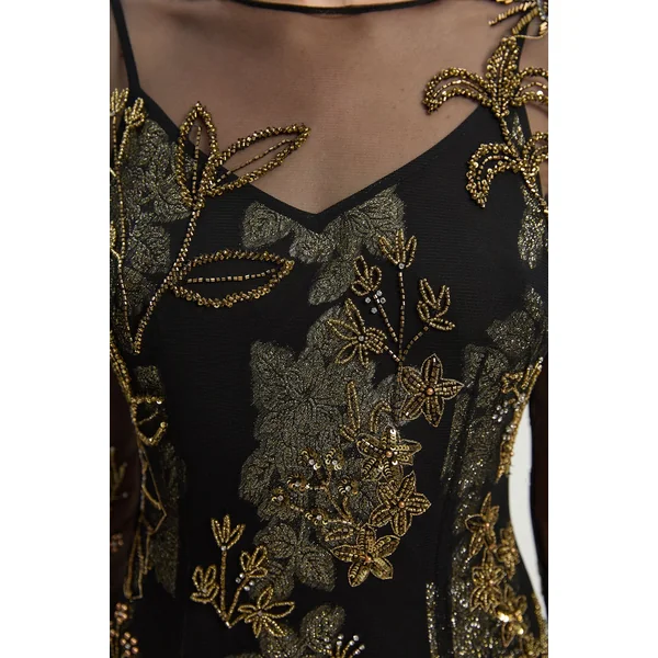 Robe Longue en Georgette Métallisée Tissée Ornée d'Appliqués Floraux