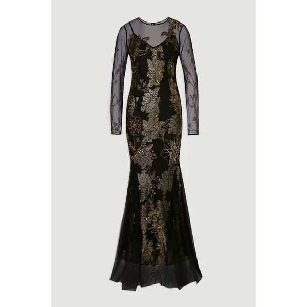 Robe Longue en Georgette Métallisée Tissée Ornée d'Appliqués Floraux