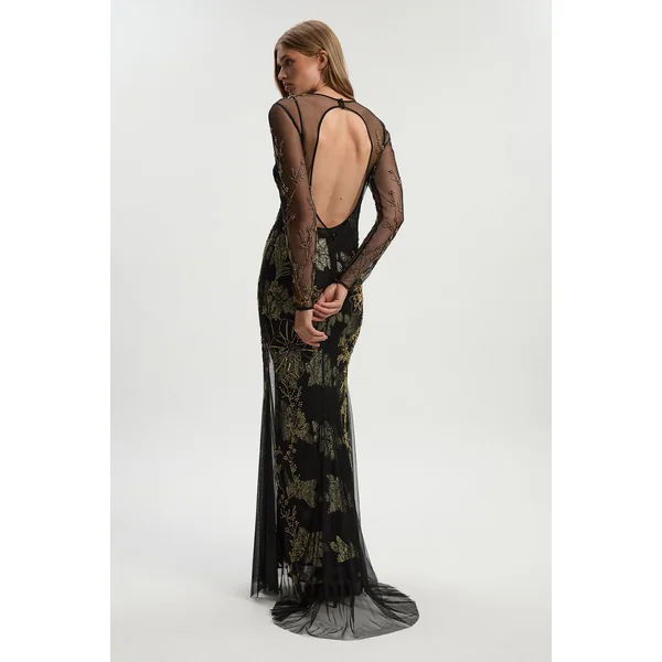 Robe Longue en Georgette Métallisée Tissée Ornée d'Appliqués Floraux