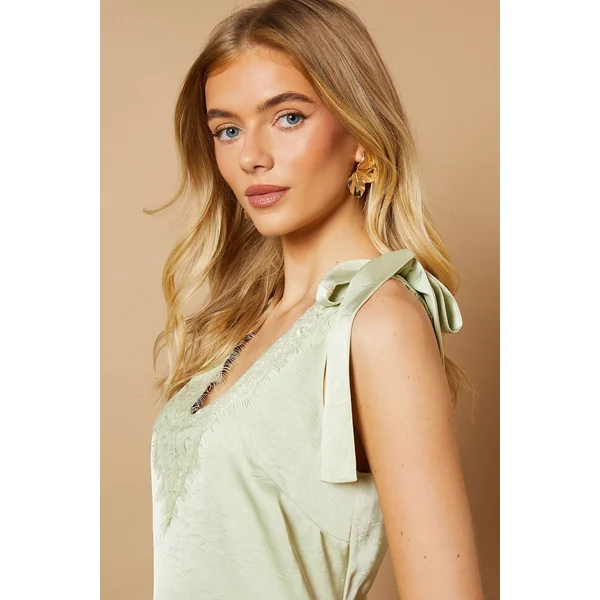 Robe Longue en Satin à Dentelle avec Liens aux Épaules
