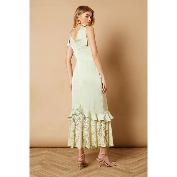 Robe Longue en Satin à Dentelle avec Liens aux Épaules