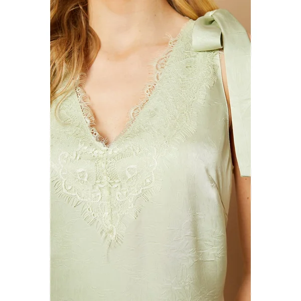 Robe Longue en Satin à Dentelle avec Liens aux Épaules
