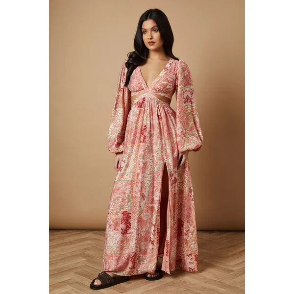 Robe Longue Imprimée à Manches Longues avec Détails Découpés sur les Côtés