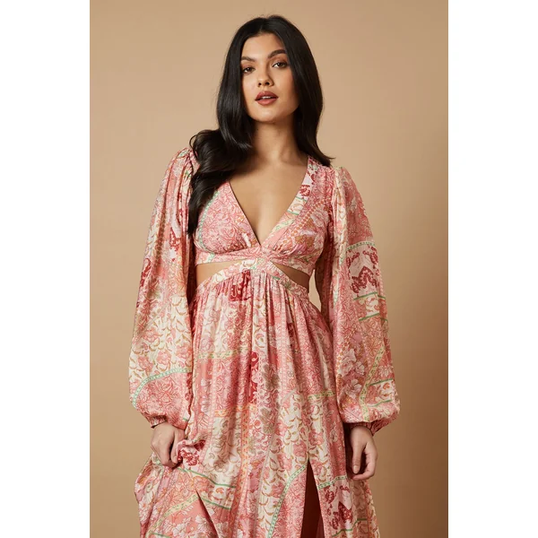 Robe Longue Imprimée à Manches Longues avec Détails Découpés sur les Côtés