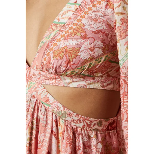 Robe Longue Imprimée à Manches Longues avec Détails Découpés sur les Côtés